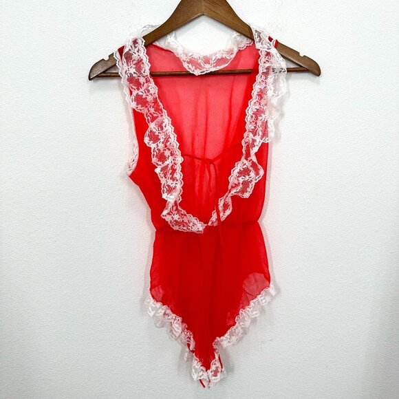 Vintage Other - Vintage 70s Teddy Red Lace Ruffle Vixen Deep V Sexy Romper Lingerie Pinup Size M